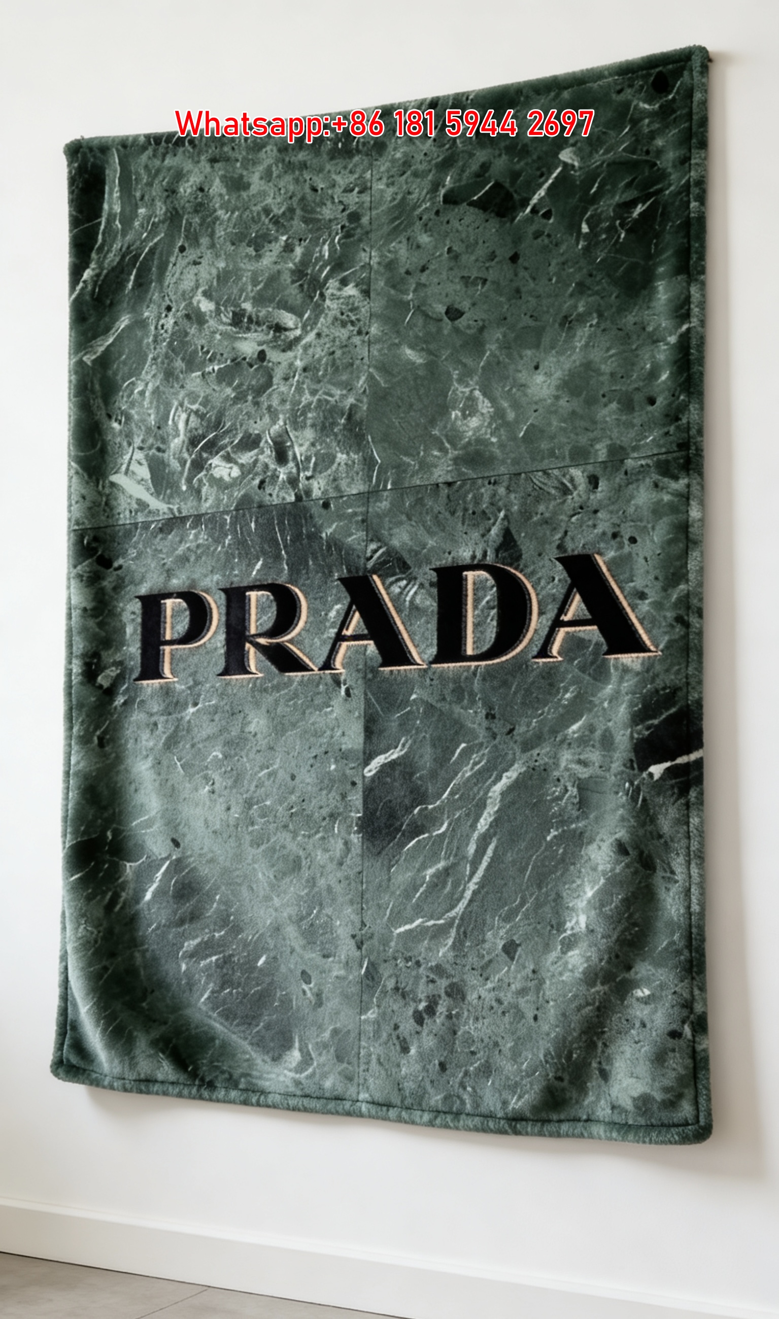 Prada Emerald Green Marble Logo Printed Flannel Throw Blanket IMG_2762